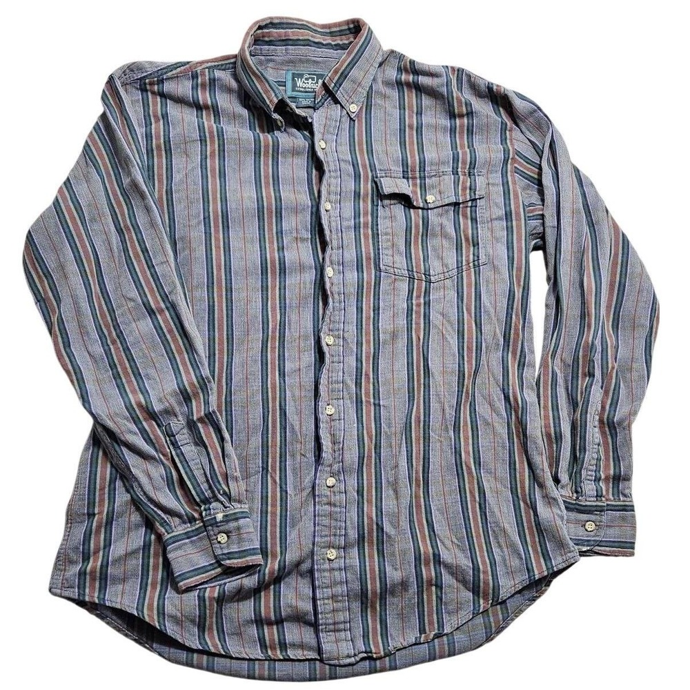 Woolrich Vintage Button Down Shirt Large Blue Green Stripe‎ Long Sleeve Cotton *